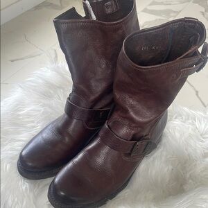FRYE AND CO. Brown Combat Moto Boots with Buckle Detail